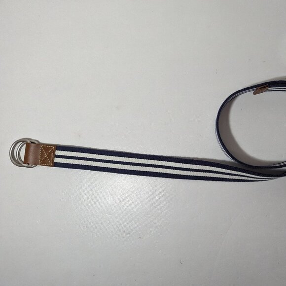 NEW- Size L/XL Mens Cremieux Cloth Belt Cotton Leather Trim Navy & White Striped - Picture 1 of 5